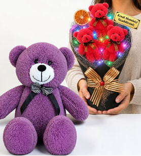 Kişiye Özel Renkli LED Işıklı Peluş Ayıcık Buketi ve 50 cm Büyük Boy Mor Peluş Ayıcık Seti