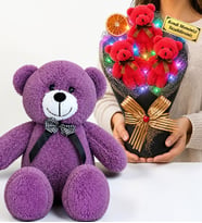 Kişiye Özel Renkli LED Işıklı Peluş Ayıcık Buketi ve 50 cm Büyük Boy Mor Peluş Ayıcık Seti