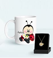 BK Gift Kişiye Özel Uğur Böceği Temalı Kupa ve Papatya Kolye Hediye Seti-10 (Model 1)