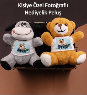 Kişiye Özel Fotoğraflı 2'li Peluş Oyuncak Hediye Seti (Peluş Eşek & Peluş Ayıcık)