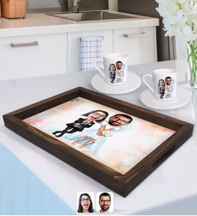 BK Gift Kişiye Özel Sevgililer Karikatürlü Doğal Ahşap Tepsi ve 2’li Kahve Fincan Seti-16