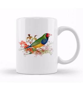 Red Head Gouldian Finch Standing Among Orchid Blossoms Kupa Bardak Porselen