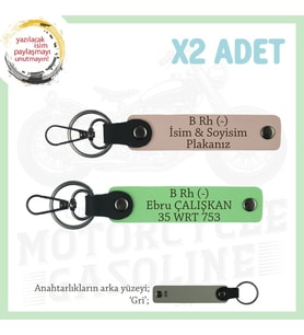 Motor Severlere Özel, İsim Plaka ve B Rh (-) Kan Grubu Yazılı x2 Anahtarlık, Yavruağzı-F Yeşil-Gr (Çok Renkli)