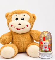 Sevimli Mutlu Peluş Maymun ve Led Işıklı Beyaz Ayıcıklı Fanus Hediye Seti