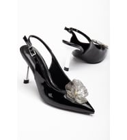 Kadın Abiye Stiletto Siyah Rugan Metal Çiçek Aksesuarlı Galvaniz Ökçe Kaplamalı