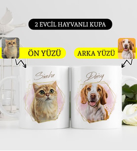 BK Gift Kişiye Özel İki Evcil Hayvan Karikatürlü Beyaz Kupa Bardak-2, Arkadaşa Hediye, Sevgiliye Hediye
