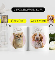BK Gift Kişiye Özel İki Evcil Hayvan Karikatürlü Beyaz Kupa Bardak-2, Arkadaşa Hediye, Sevgiliye Hediye