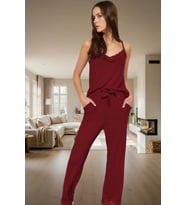 Rahat Viskoz Pijama Takımı Renk Dantel Detay İnce Askılı V Yaka 2'li Takım (Koyu Bordo)