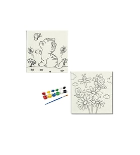 Okul Etkinliği-2'li Tuval Boyama Seti. 20x20 Cm Uv Baskı 6 Akrilik Boya 1 Fırça-model-49