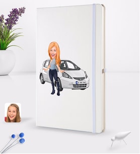 BK Gift Kişiye Özel Plakalı Kadın Honda Jazz Karikatürlü Beyaz Termo Deri Defter 16x24cm Model 1