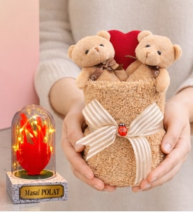 Kahve Premium Peluş Ayıcık Buketi ve Size Özel Işıklı Kırmızı Kalpli Fanus