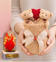 Kahve Premium Peluş Ayıcık Buketi ve Size Özel Işıklı Kırmızı Kalpli Fanus