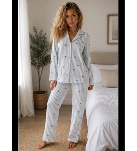 Night Mavi Kadın Örme Gömlek Yaka Pijama Takımı