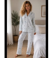 Night Mavi Kadın Örme Gömlek Yaka Pijama Takımı