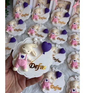 Doğum Günü Bebek Magneti Hediyeliği Tavşan Desenli ( 20 Adet Pembe )