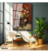 Siyah Renk Metal Çerçeveli Tamperli Cam Tablo Vincent van Gogh Vazoda Pembe Kırmızı Çiçek Ressam Tablosu Duvar Dekoru