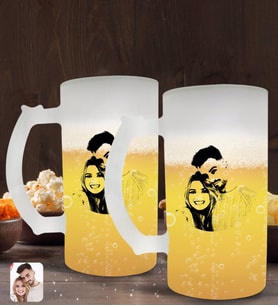 BK Gift Kişiye Özel Sevgililer Silüet Tasarımlı 2’li Buzlu Cam Bira Bardağı 50cl-1 (Beyaz)