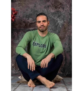 Sude Erkek Süprem Bisiklet Yaka İnce Uzun Kol Pijama Takımı P300/14 - 1 Adet (Yeşil)