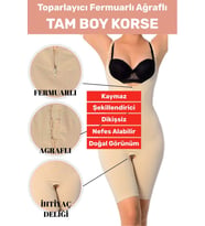 Özel Üretim Vücut Şekillendirici Beden Küçülten Toparlayıcı Fermuarlı Tam Boy Korse (Bej)