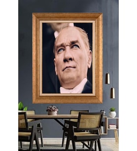 Altın Varaklı Çerçeveli Paspartulu Atatürk Tablo nh48 (Gold)