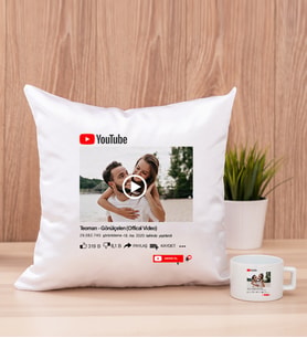 Kişiye Özel Youtube Tasarım Fotoğraflı Kare Yastık ve Fincan