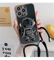 coverzone iPhone SE 2022 ile Uyumlu Ipli Boyun Ask?l? Astronot Fig�rl� Silikon K?l?f Pastel Renkli Epiphany K?l?f Siyah