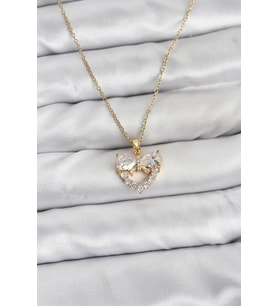 316L Çelik Zincir Gold Renk Kalp ve Fiyonk Model Zirkon Taşlı Kadın Kolye - TJ-BKO10848