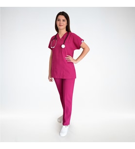 Ünisex Pembe Esnek Likralı  Hemşire Doktor Aşçı Scrubs Üniforma Takım