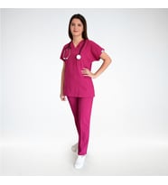 Ünisex Pembe Esnek Likralı  Hemşire Doktor Aşçı Scrubs Üniforma Takım