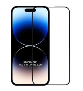 Microsonic Apple iPhone 15 Plus Tam Kaplayan Temperli Cam Ekran Koruyucu Siyah