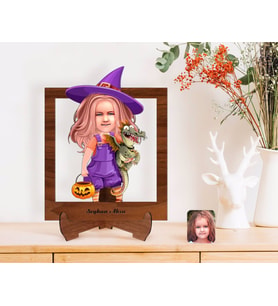 BK Gift Kişiye Özel Küçük Cadı Karikatürlü Ahşap Standlı 3D Biblo-1 (Beyaz)