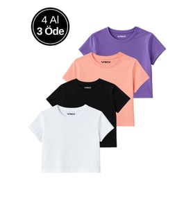 Kadın 4'lü Paket Oversize Crop Tişört %100 Pamuk Bisiklet Yaka T-Shirt