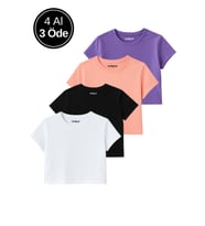 Kadın 4'lü Paket Oversize Crop Tişört %100 Pamuk Bisiklet Yaka T-Shirt