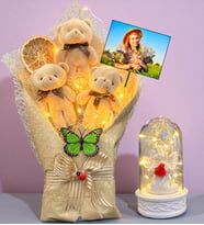 Size Özel Fotoğraflı Led Işıklı Peluş Ayıcık Buketi ve Led Işıklı Biblolu Fanus (Model 2)