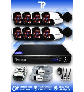 PICAM 8 Kameralı Panda 8 Dış Kamera Set HDD'siz Full HD Gece Görüşlü Güvenlik Kamerası Sistemi