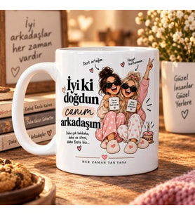 İyi Ki Doğdun Canım Arkadaşım İki Arkadaş Figürlü Baskılı Kupa – Doğum Günü Hediyesi