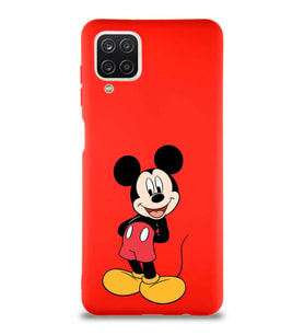 Samsung Galaxy A12 Soft Premier Kapak Mickey Mouse-B Tasarımlı Silikon Kılıf - Kırmızı (Şeffaf)