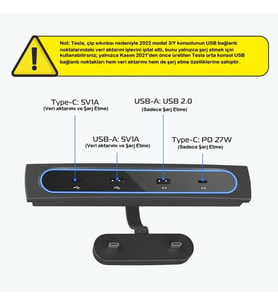 Tesla Model 3/Y için USB Şarj Cihazı - Çoklu Bağlantı Noktası ve Mavi LED Işıklı USB Hub