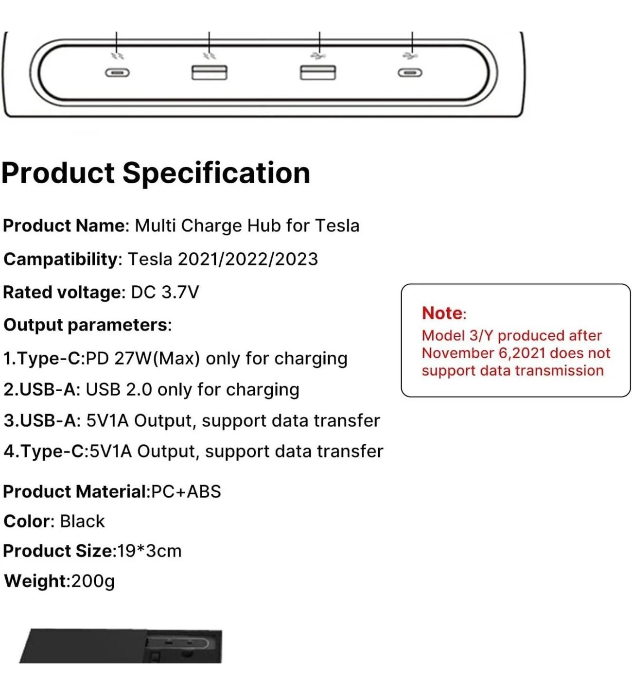 Tesla Model 3/Y için USB Şarj Cihazı - Çoklu Bağlantı Noktası ve
