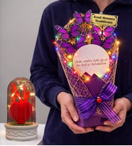 Kişiye Özel Aynalı Renkli Işıklı Mor Kelebek Buketi (Led Işıklı Fanus Hediyeli) (Model 7)