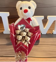 Premium 35 cm Peluş Ayı ve Romantik Balonlu Sütlü Kahve Peluş Ayıcık Buketi (Beyaz)