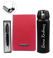 Kişiye Özel Kilitli Termos & 32 GB Siyah USB Kalem & Kırmızı Defter Hediye Seti (Model 1)