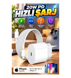 iPhone Uyumlu 20W PD Hızlı Şarj Adaptörü ve Lightning Kablo Seti – 12, 11, XR, XS, X, 8 Plus, 7