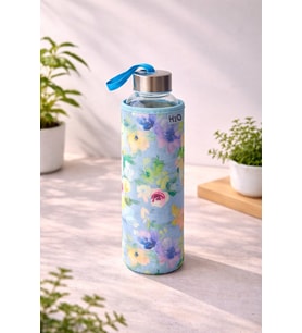 Mavi Gül Desenli Kılıflı Cam Matara Su Şişesi 500 ml