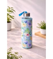 Mavi Gül Desenli Kılıflı Cam Matara Su Şişesi 500 ml