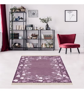 Çiçek Desenli Dijital Baskı Yıkanabilir Kaymaz Taban Modern Salon Halısı ve Yolluk (Gül Kurusu)