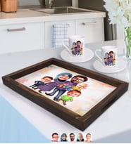 BK Gift Kişiye Özel Aile Karikatürlü Doğal Ahşap Tepsi ve 2’li Kahve Fincan Seti-8