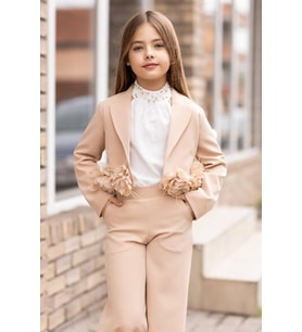 Kız Çocuk Çiçek Broş Detaylı Blazer Ceket Halter Yaka Taş Detaylı Bluz Krem Alt