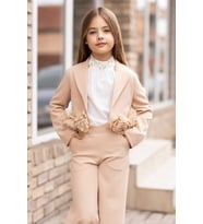 Kız Çocuk Çiçek Broş Detaylı Blazer Ceket Halter Yaka Taş Detaylı Bluz Krem Alt