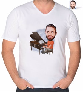 BK Gift Kişiye Özel Erkek Piyanist Karikatürlü V Yaka Tişört-1 (Beyaz)